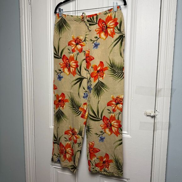 Tropical Pants Womens 8/10 Lily Floral Drawstring Pull On Wide Leg Vacation - Picture 1 of 6